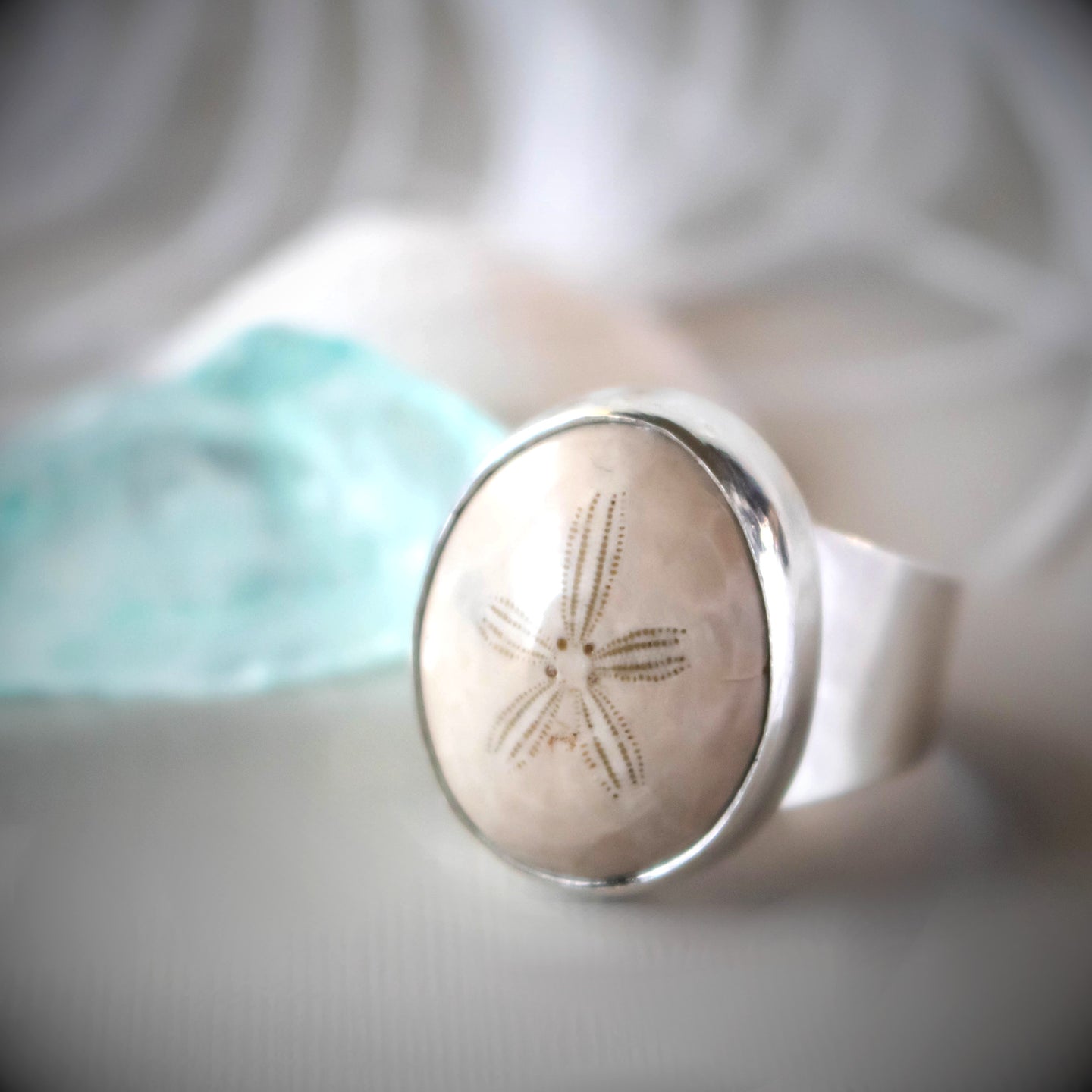 Sterling Silver Fossil Sand Dollar Ring-Womens-LittleGreenRoomJewelry-LittleGreenRoomJewelry